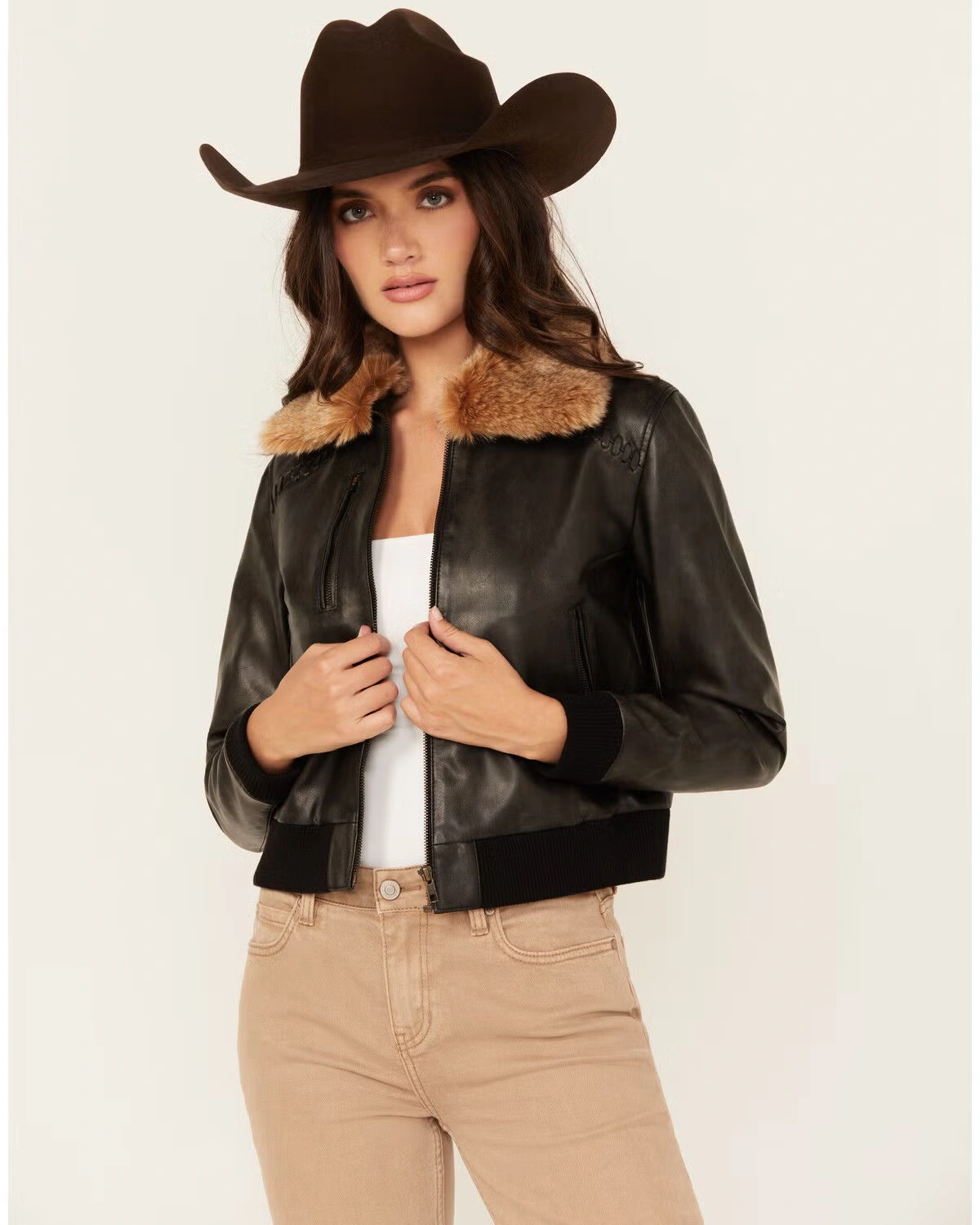 Casey Black Leather Jacket with Fur Collar