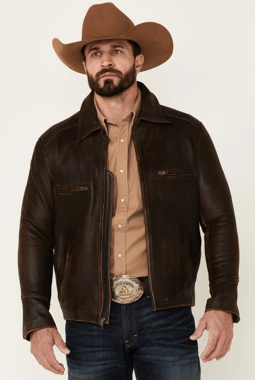 Cattle Cowhide Full-Zip Brown Leather Jacket