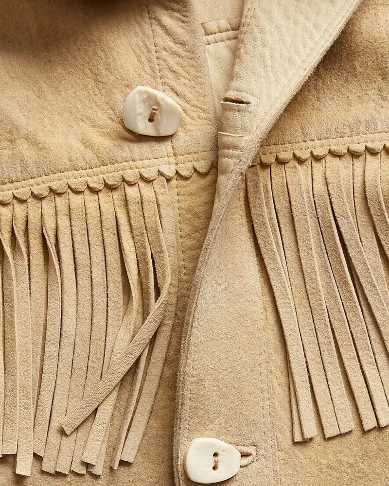 Mens Sand Western Suede Leather Jacket With Beads Fringes