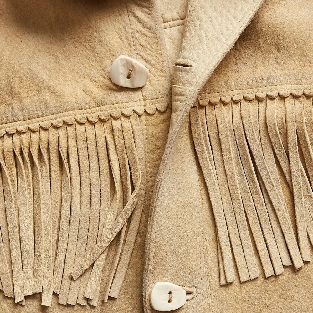 Mens Sand Western Suede Leather Jacket With Beads Fringes