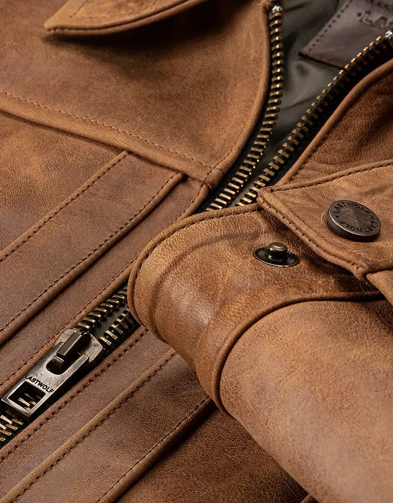 Mens Western Shirt Style Collar Tan Leather Jacket