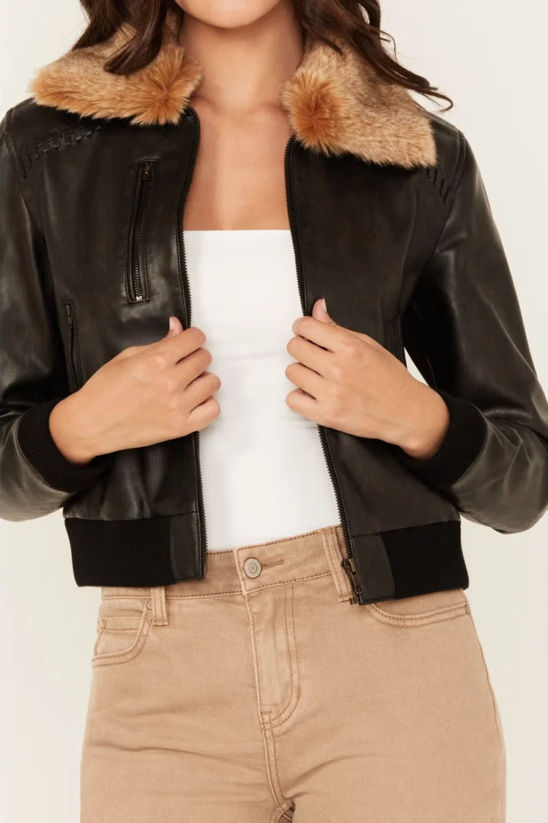 Women Casey Black Leather Jacket with Fur Collar