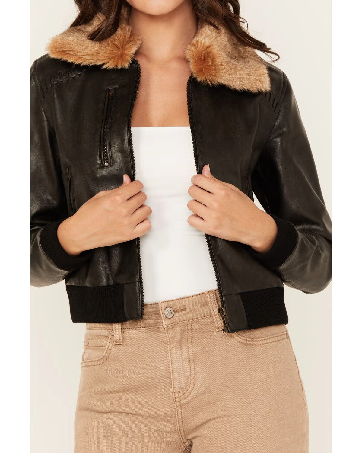 Women Casey Black Leather Jacket with Fur Collar