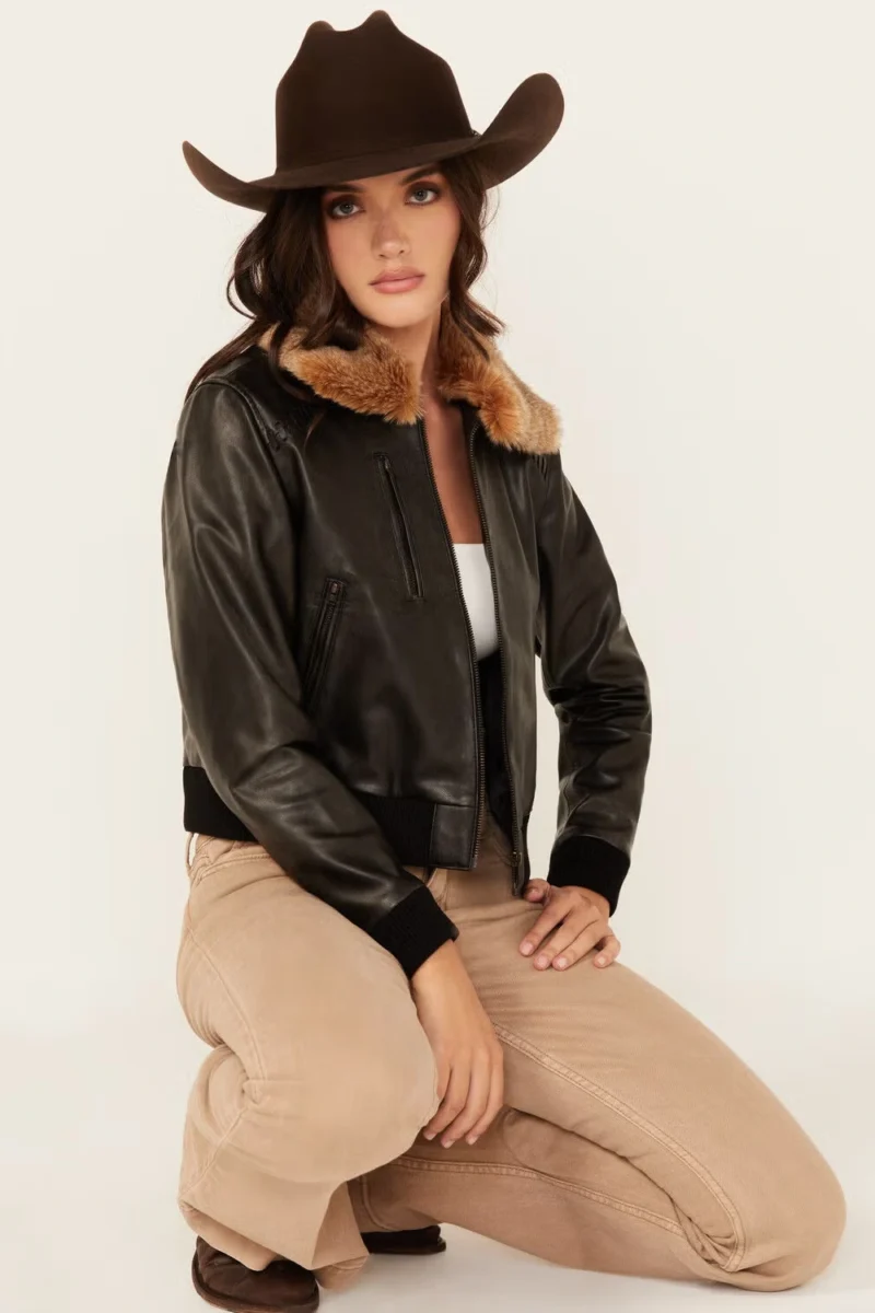 Women Casey Leather Jacket with Fur Collar