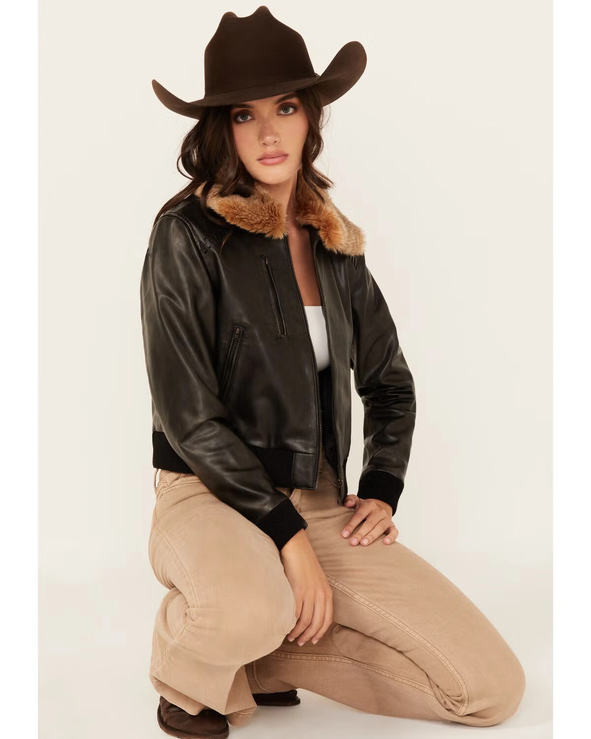 Women Casey Leather Jacket with Fur Collar