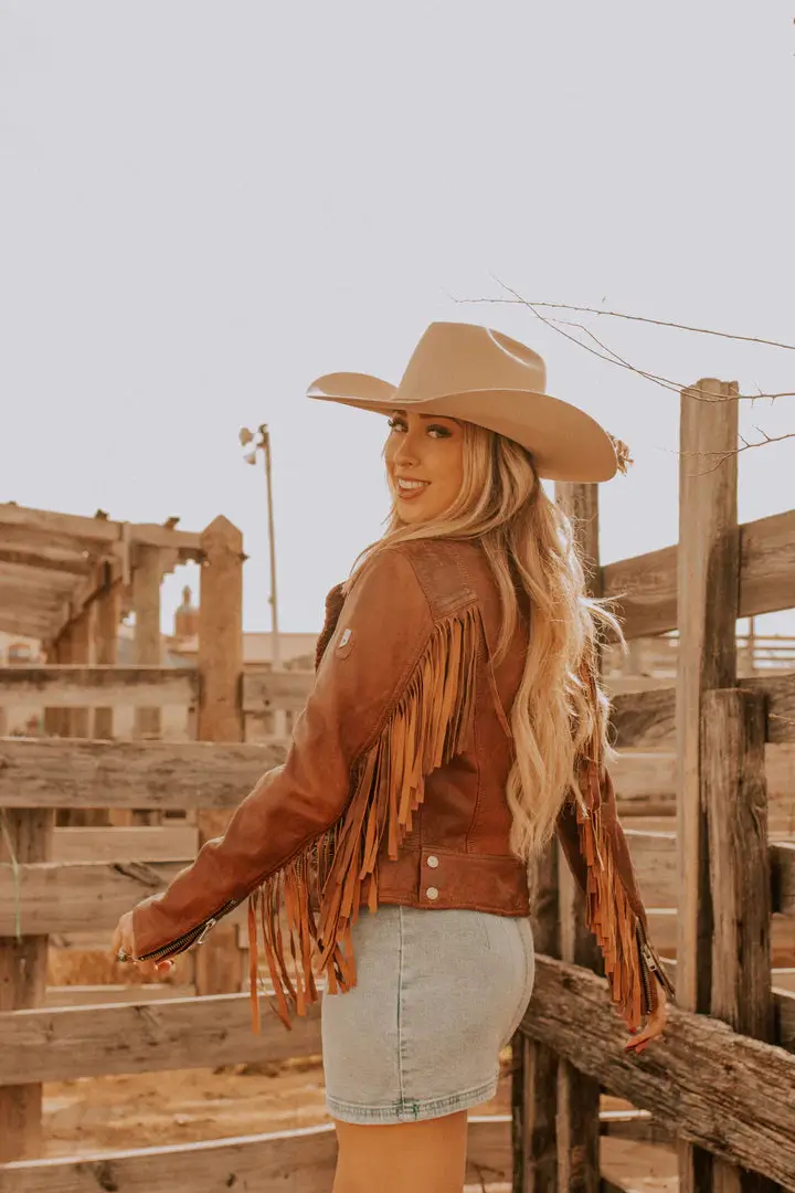 Womens Fringe Burnt Orange Moto Leather Jacket