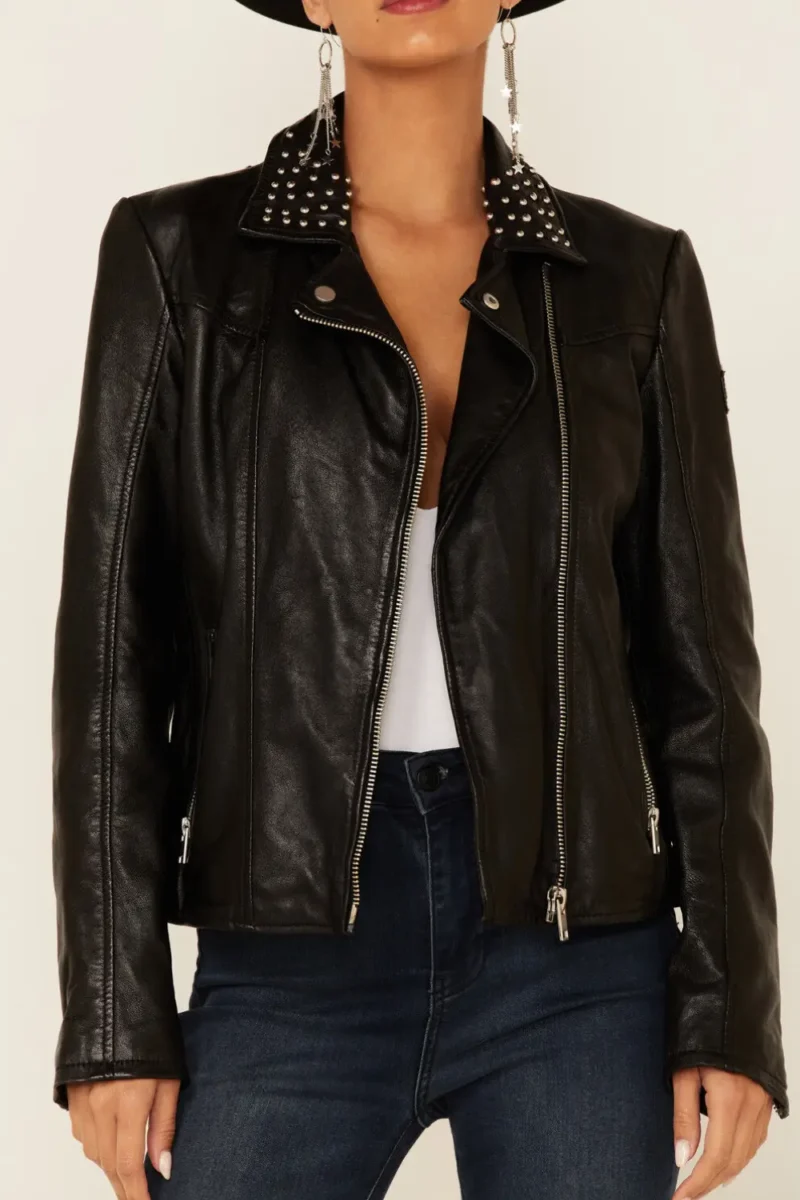 Womens Star Studded Black Leather Jacket
