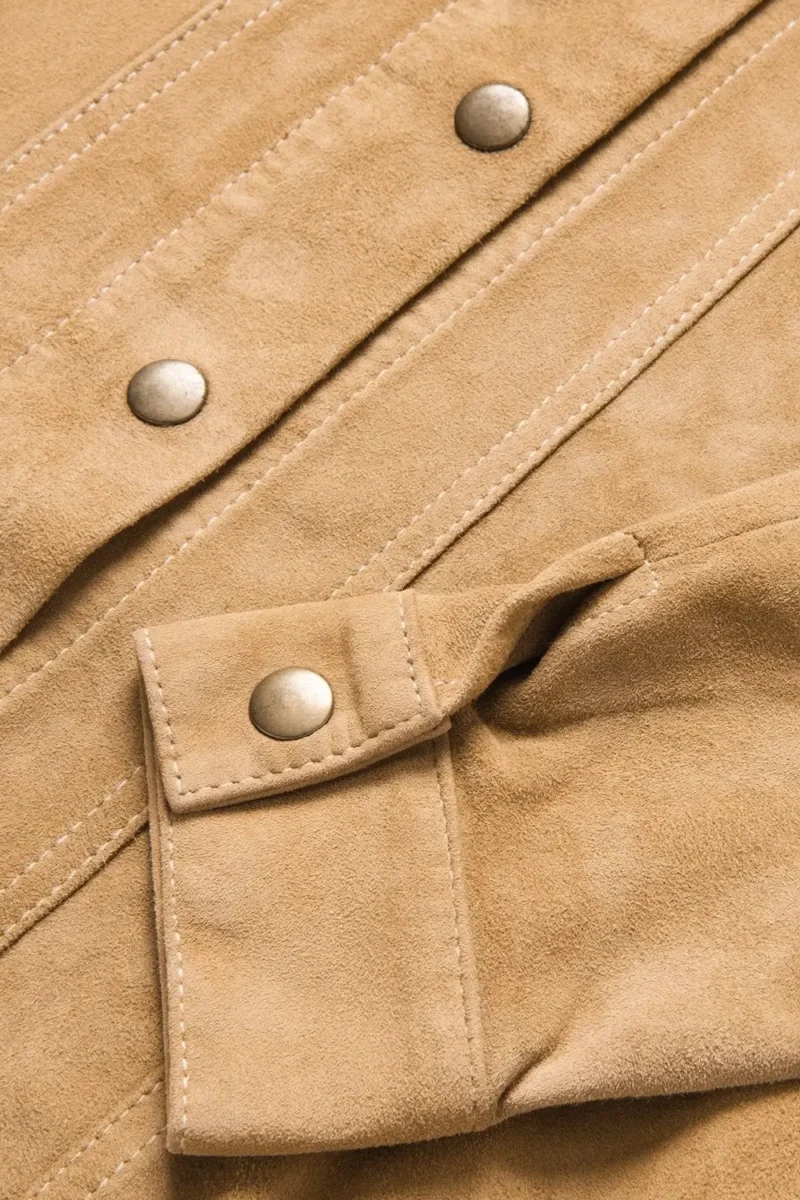 Close-up of brown suede leather shirt jacket