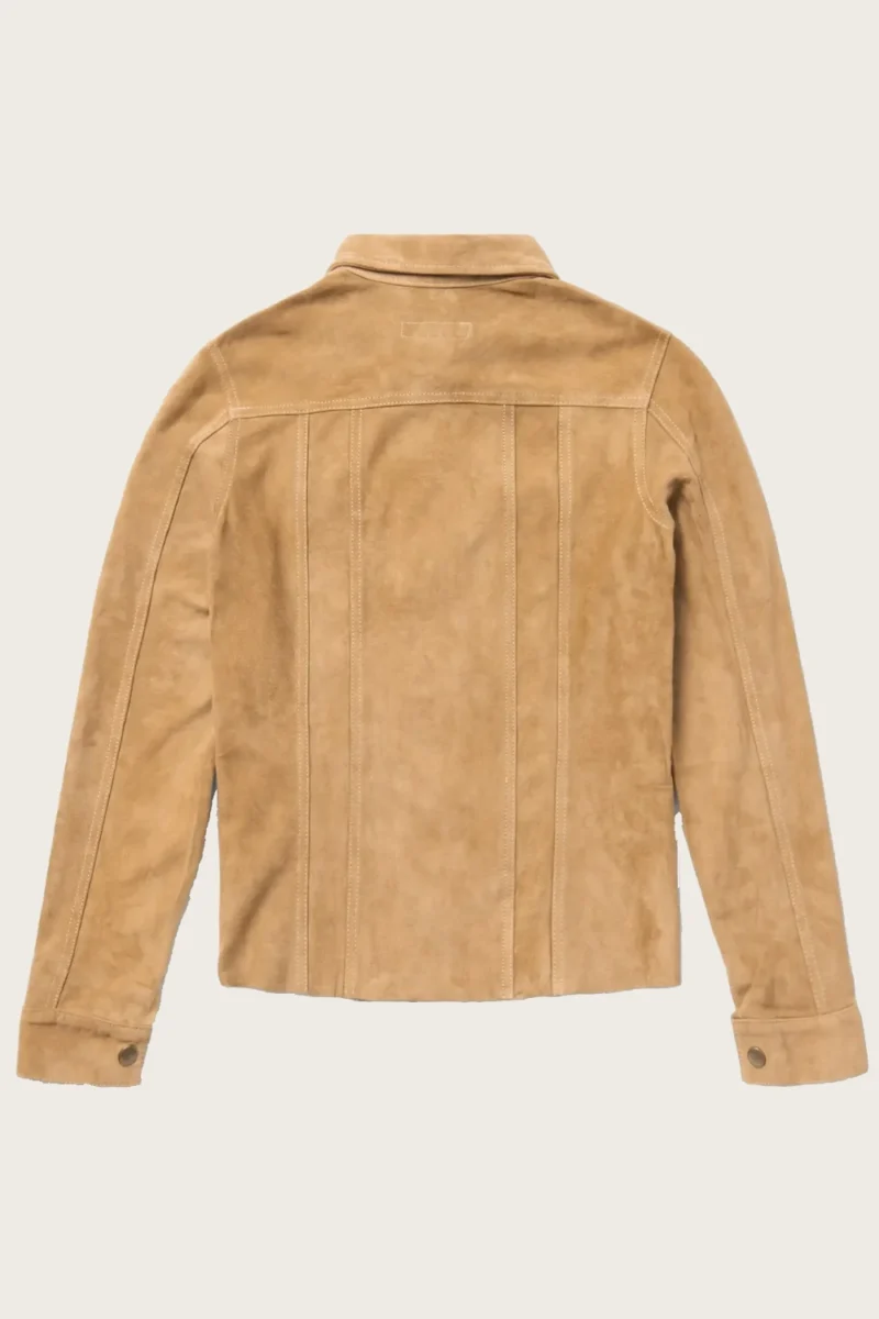 Back view of women’s brown suede leather jacket