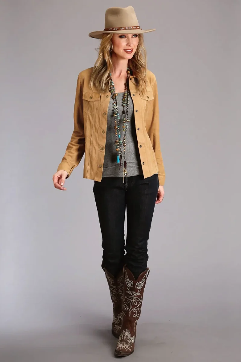 Full view of women’s brown suede leather jacket