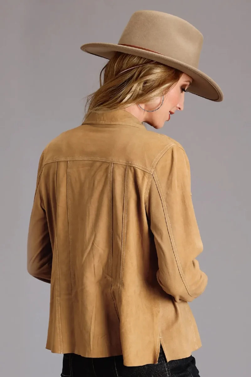 Back view of women’s tan suede leather jacket